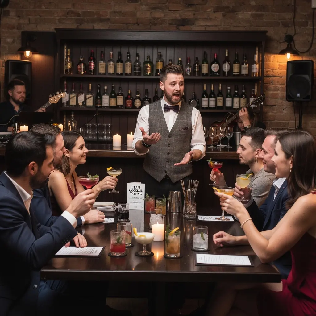 Tanulók, akik koktélokat kóstolnak és jegyzetelnek egy workshop keretein belül.