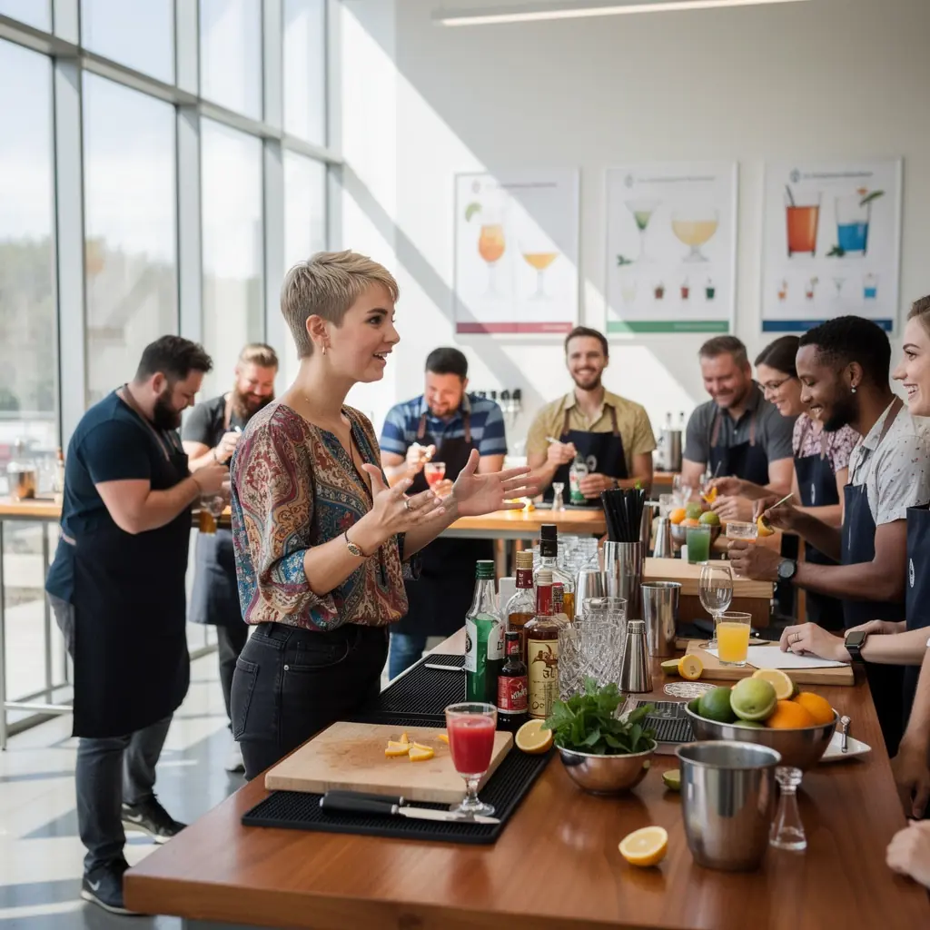 Bárpult, ahol a bartenderek szórakoztató bemutatót tartanak a vendégeknek.
