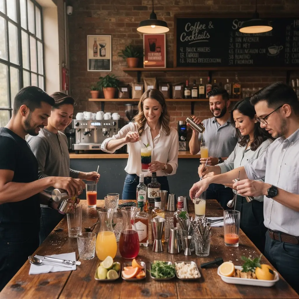 Tanulók, akik koktélokat kóstolnak és jegyzetelnek egy workshop keretein belül.
