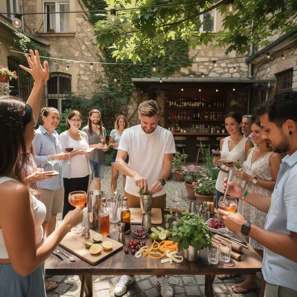 Tanulók, akik koktélokat kóstolnak és jegyzetelnek egy workshop keretein belül.