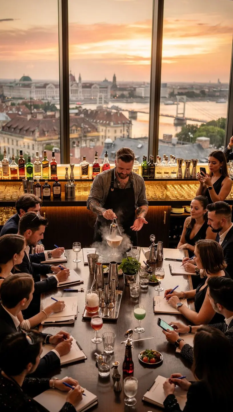 Két fiatal bartendert ábrázoló kép, akik koktélokat készítenek egy modern bárban.