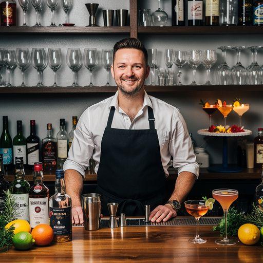 Két fiatal bartendert ábrázoló kép, akik egy koktél készítését tanulják egy modern bárban.