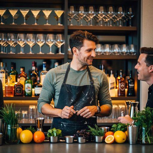 Bárpult, ahol különböző eszközök és kellékek találhatók a mixológiai technikákhoz.